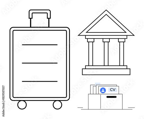 Business travel theme. Business travel essentials with luggage, professional development with building, and CV management. Ideal for corporate planning, education, or job search resources. Broad
