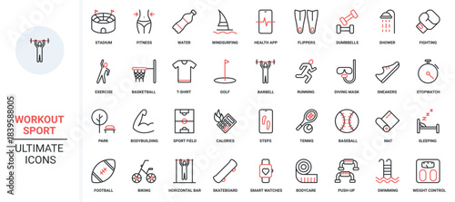 Calculator of calories and fitness exercises for weight control, running and bodybuilding of athlete in gym and stadium, diving. Sports workout trendy red black thin line icons set vector illustration