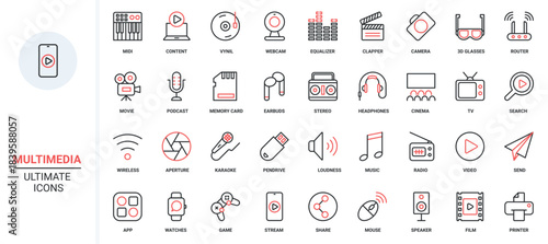 Video camera and microphone, photo, movie and music library mobile app, headphones and games. Multimedia content, equipment and entertainment trendy red black thin line icons set vector illustration.