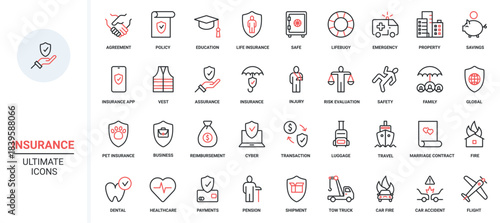 Healthcare, global financial protection shield for health, real estate and business, marriage contract and education agreement. Insurance trendy red black thin line icons set vector illustration.
