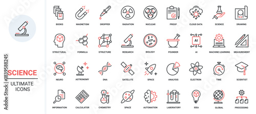 Vector illustration trendy red black thin line icons set science research technology, scientific laboratory equipment symbols, knowledge study chemistry, physics, biology in university, data analysis
