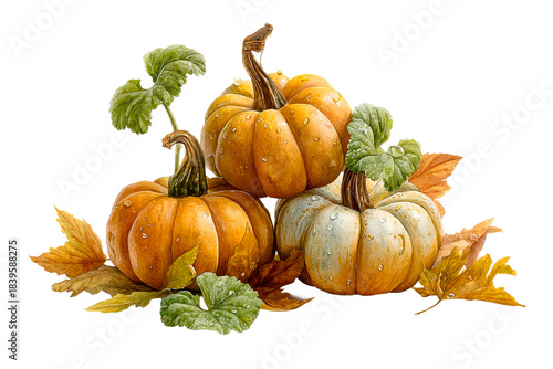 Water droplets on gourds and autumn leaves
