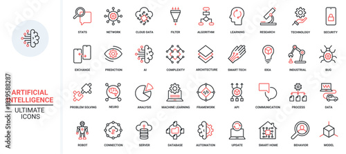 AI trendy red black thin line icons set vector illustration. Digital brain of bot and automatic machine learning, science future technology and automation network process, electronic smart tech system
