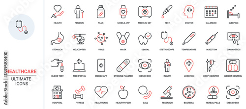 Healthy grocery food red black thin line icons set vector illustration. Fresh organic fruit and vegetables, water and tea with honey, yogurt farm milk, fish seafood and olive oil for cooking meals.