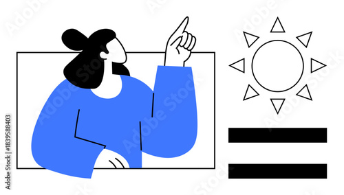 Person gestures upward with pointing hand, emphasizing sun icon and equality lines. Ideal for creativity, equality, environment, education, empowerment, optimism minimalism. A simple flat metaphor