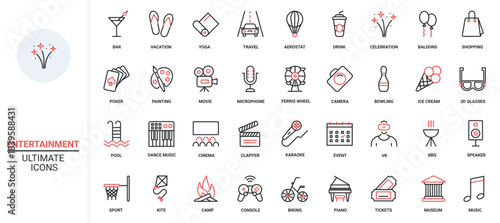 Green energy ecology trendy red black thin line icons set vector illustration. Environment protection, eco startup technology, recycle plant, research with microscope, global warming and urbanization