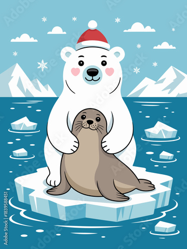 A cute polar bear wearing a Santa hat is sitting on an ice floe with a seal.
