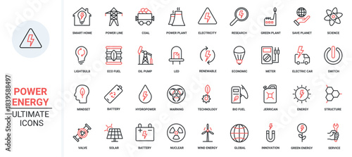 Vector illustration red black thin line icons set electric power plant energy, global green technology to save manage renewable resources nature, hydro and nuclear factory, and eco fuel.