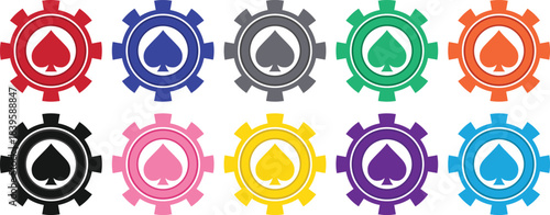 Colorful Spade Casino Chips Set – Ten Poker Token Variations – Vector Illustration
