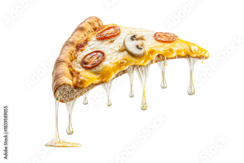 Melting Cheese Pizza Slice with Tomato and Mushroom Toppings