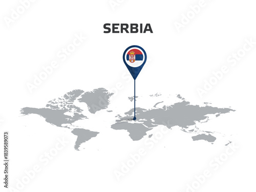 SERBIA Location Pin on World Map with Flag in Pin's Body