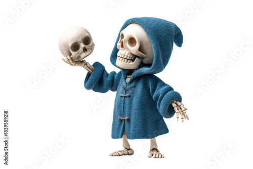 Cute cartoon skeleton character in a blue hooded robe holds a human skull in its hand while smiling in a theatrical pose, representing a funny grim reaper concept