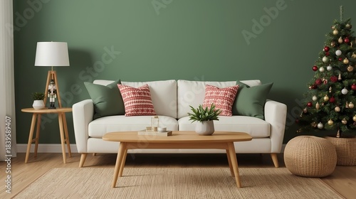 Warm holiday living room with a white sofa, wooden table, Christmas cushions, and nutcracker decorations against a green wall.