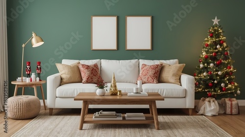 Warm holiday living room with a white sofa, wooden table, Christmas cushions, and nutcracker decorations against a green wall.