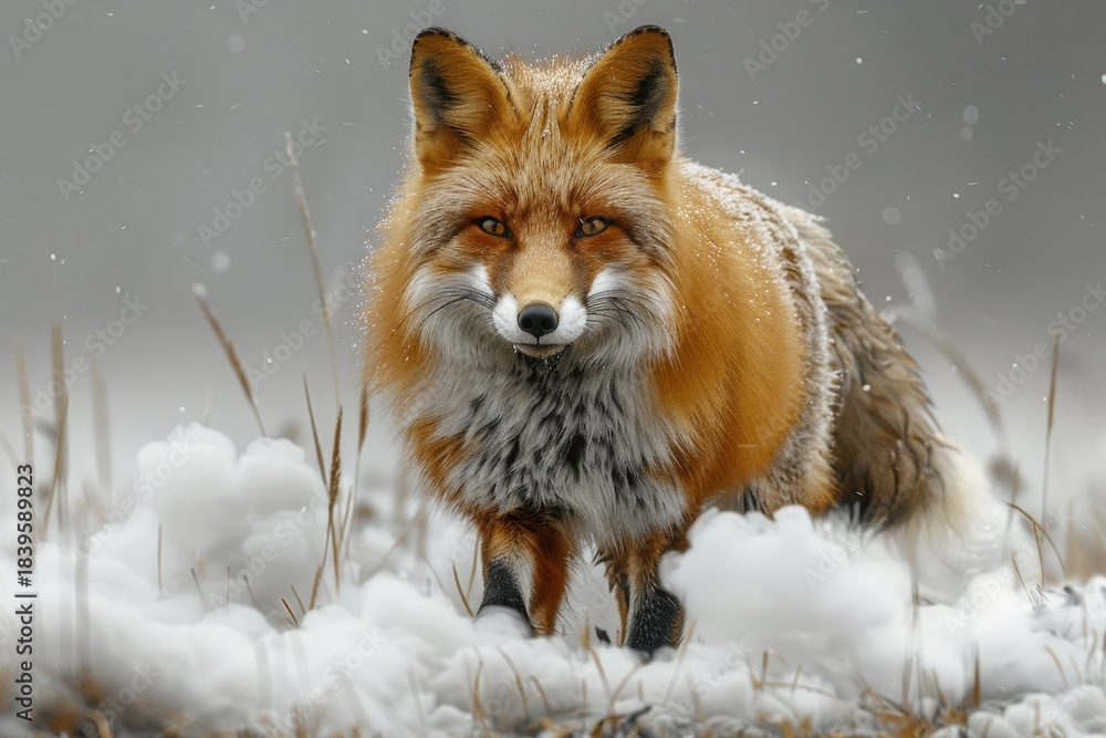 Obraz premium A red fox stands attentively in a snowy field, exhibiting curiosity and caution as it focuses its gaze on the viewer. The scene evokes a sense of wilderness and natural observation.