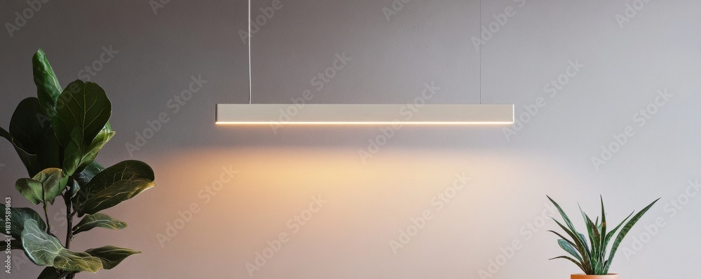 Obraz premium Minimalist Interior with Linear Pendant Lamp and Plants, home decor , lighting