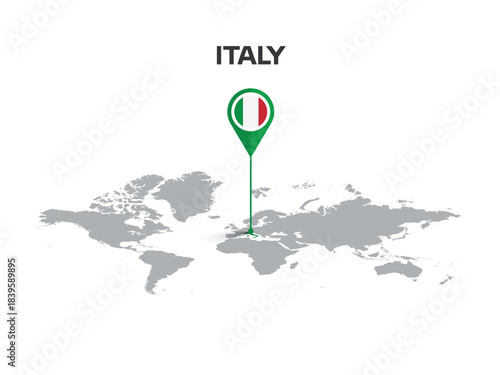 ITALY Location Pin on World Map with Flag in Pin's Body