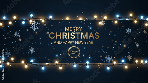 Elegant dark blue holiday banner design featuring glowing string lights and falling white snowflakes for greetings