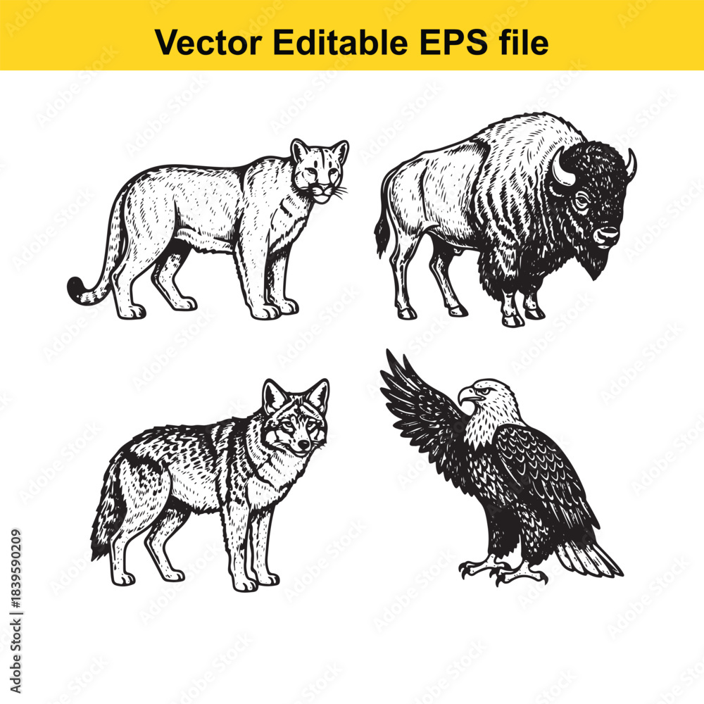 Naklejka premium vector illustration of a wolf, bison, eagle and another wolf in editable eps format for digital and print use