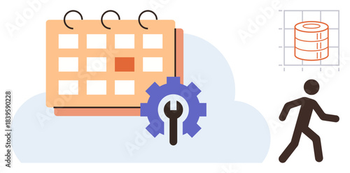 Calendar with highlighted day atop a cloud, gear for settings access, walking person, and stacked data chart. Ideal for planning, data, productivity, system management, technology organization