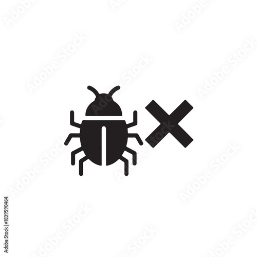 Bug error icon with cross symbol for software debugging and website maintenance, flat vector illustration
