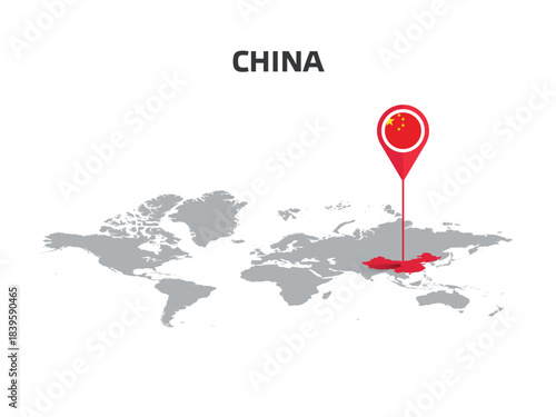 CHINA Location Pin on World Map with Flag in Pin's Body