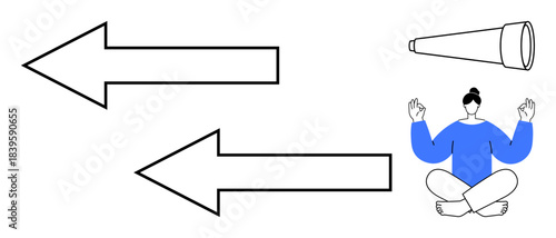 Decision making, mindfulness, direction, focus, meditation, exploration. Two arrows pointing left, a telescope and a meditating person in a seated pose. Decision making and mindfulness concepts