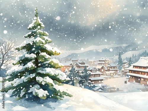 Minimalistic Japanese style christmas card featuring a spruce tree covered with snow and winter landscape with houses in the background.