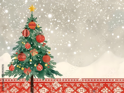 Minimalistic hand drawn christmas card design with decorated christmas tree on white-grey background with falling snow.