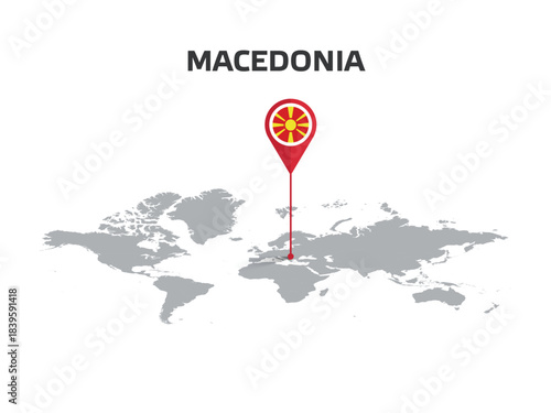 North Macedonia Location Pin on World Map with Flag in Pin's Body