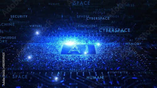 Artistic artificial intelligence motherboard chip circuits with digital technology word cloud animation.mp4