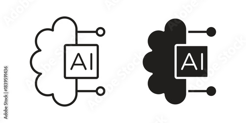AI brain icons silhouette vector flat illustration design. Stroke line icons