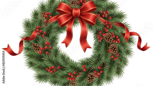 Christmas wreath with red ribbon isolated on a white background