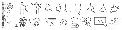 Health care line icon set isolated on transparent background. Clean medical and wellness symbols in minimal outline style. Editable stroke.