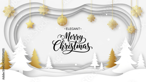 Holiday elegance and serenity: A sophisticated Christmas card design, blending delicate gold and white, depicts snow-covered trees, ornaments, and the warm greeting of 'Merry Christmas'.