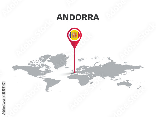 ANDORRA Location Pin on World Map with Flag in Pin's Body