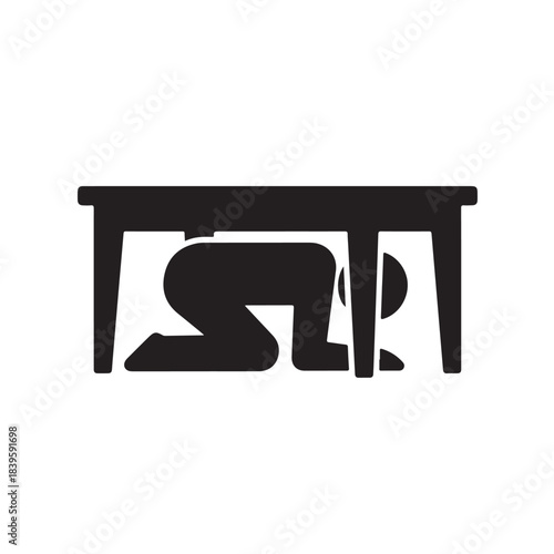 Person hiding under table in minimalist silhouette style with dark color and simple texture for emergency preparedness
