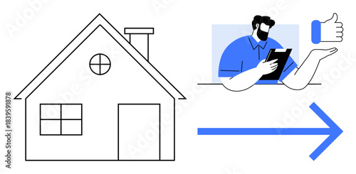Real estate, home services, online booking, service approval, digital management, workflow. Outline of a house, person using a tablet thumbs-up and directional arrow. Real estate and home services