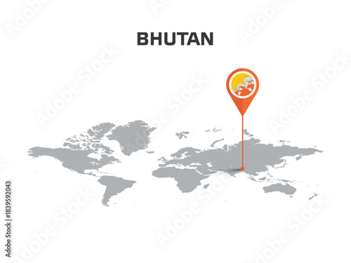 BHUTAN Location Pin on World Map with Flag in Pin's Body