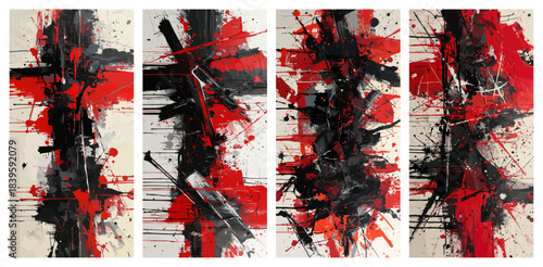 Expressive abstract painting with bold splashes and textured strokes in dramatic red black and white tones

