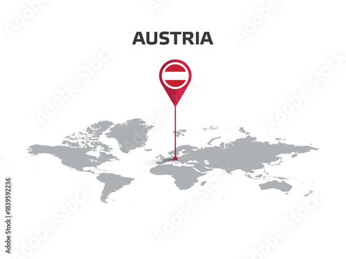 AUSTRIA Location Pin on World Map with Flag in Pin's Body
