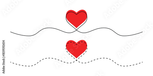 Red Hearts with Wavy and Dashed Lines love symbol On Transparent Background