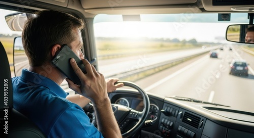 Truck driver talking on a mobile phone while driving on the highway. Distracted driving and road safety risk concept