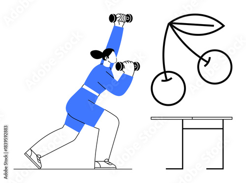 Fitness, health, wellness, strength training, nutrition, lifestyle balance. A woman lifting dumbbells beside cherries and a table. Fitness and wellness through exercise and nutrition symbols