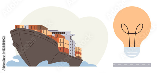 Cargo ship loaded with containers sailing amid waves, paired with light bulb representing ideas and innovation. Ideal for trade, logistics, innovation, sustainability, global economy, technology