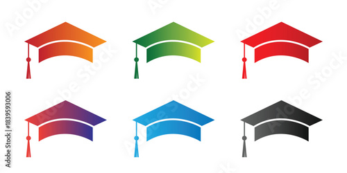 Six Graduation Caps with Gradient Colors mortarboard On Transparent Background