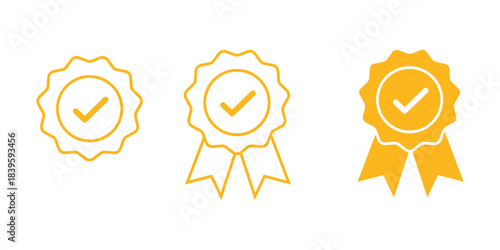 Three Yellow Award Ribbons with Checkmarks badge On Transparent Background