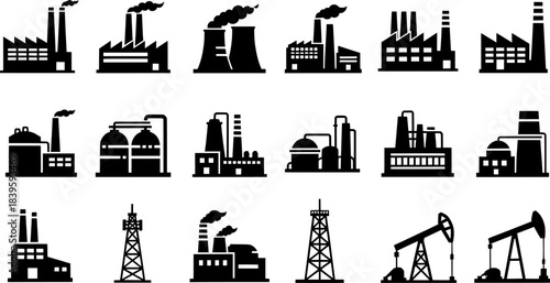 Factory, power plant industrial icons. Factory, power plant, oil refinery and oil processing plant industrial icon. Transparent background EPS version.
