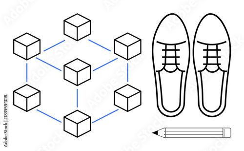 Blockchain, creativity, technology, design, footwear, digital innovation. Minimalist network of blocks, shoes and a pencil. Blockchain and creativity by interconnected blocks and shoe design
