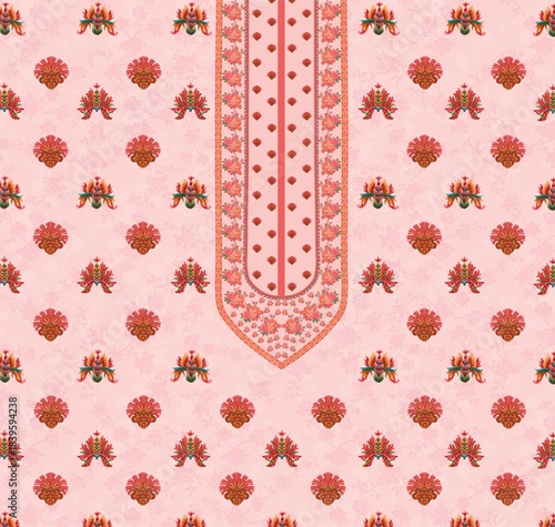 Ornamental Floral Textile Design with Central Panel on Soft Pink Background
